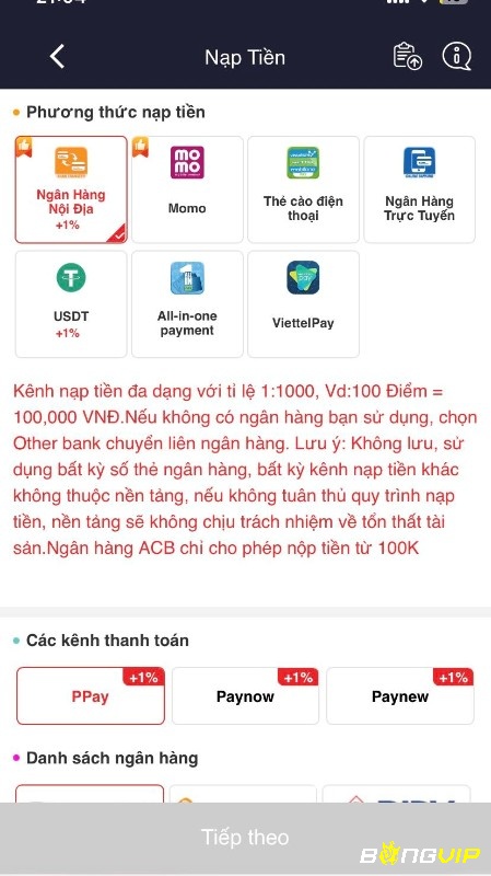 Nạp rút tiền tại web cược 7ball được hỗ trợ đa dạng phương thức